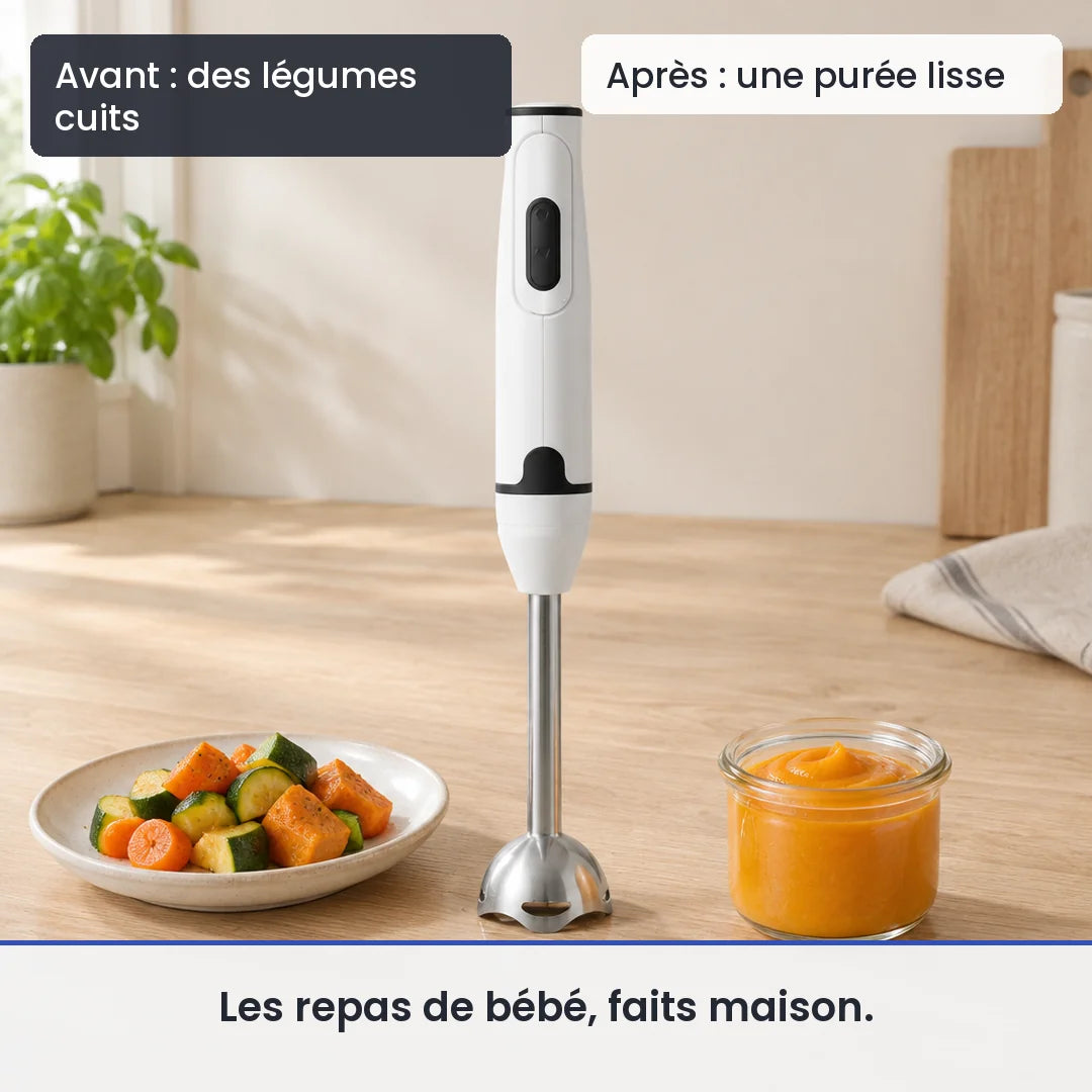 Avant/après avec le mixeur plongeant blanc et noir 300 W : des légumes cuits, puis une purée lisse