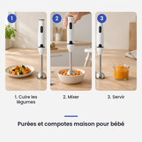 Comment utiliser le mixeur plongeant blanc et noir 300 W en 3 étapes : cuire les légumes, mixer, servir