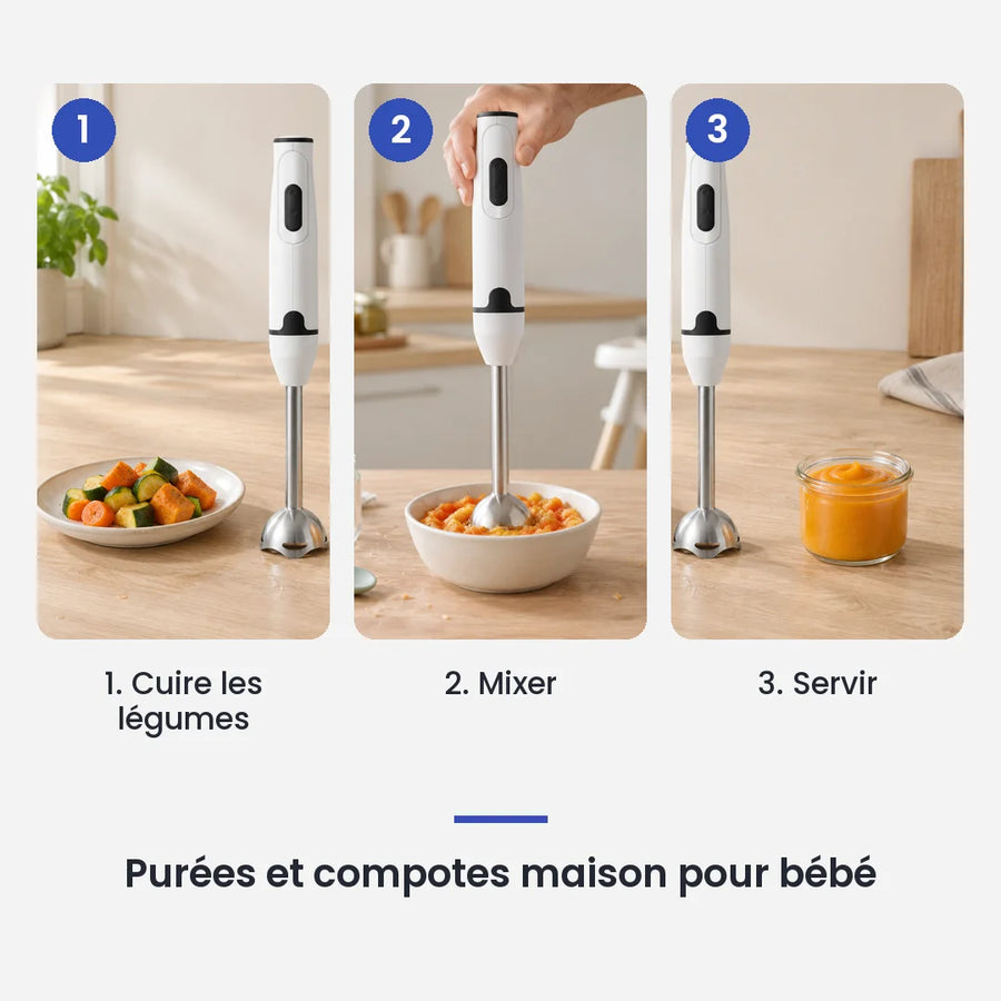 Comment utiliser le mixeur plongeant blanc et noir 300 W en 3 étapes : cuire les légumes, mixer, servir