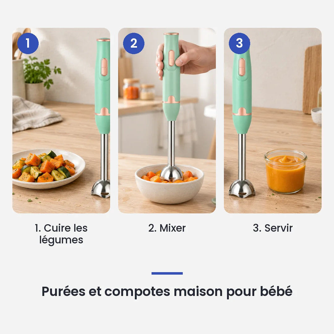 Comment utiliser le mixeur plongeant vert menthe 300 W en 3 étapes : cuire les légumes, mixer, servir