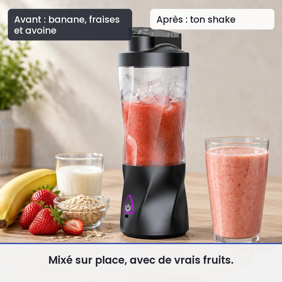 Avant/après avec le hachoir blender portable 700 ml 360 W sur batterie : banane, fraises et avoine, puis ton shake