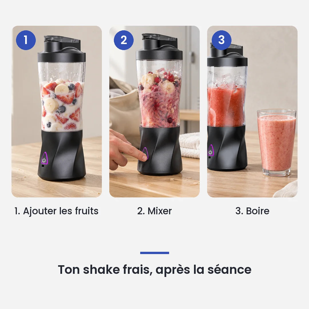 Comment utiliser le hachoir blender portable 700 ml 360 W sur batterie en 3 étapes : ajouter les fruits, mixer, boire