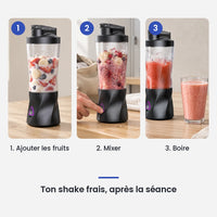 Comment utiliser le hachoir blender portable 700 ml 360 W sur batterie en 3 étapes : ajouter les fruits, mixer, boire