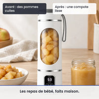 Avant/après avec le blender portable blanc 450 ml : des pommes cuites, puis une compote lisse