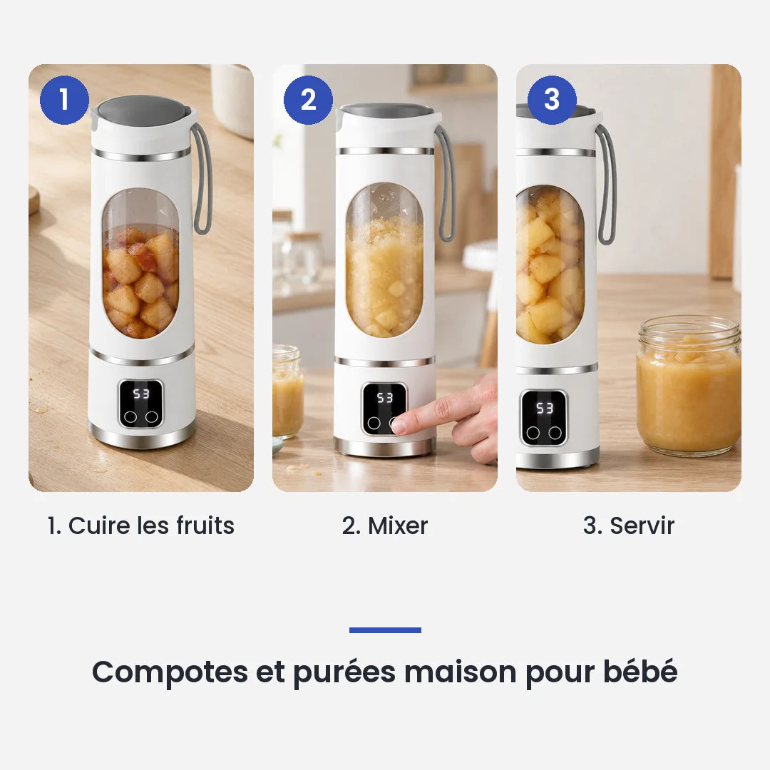 Comment utiliser le blender portable blanc 450 ml en 3 étapes : cuire les fruits, mixer, servir