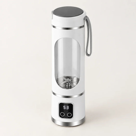 Blender portable blanc 450 ml à écran digital, couvercle gris avec dragonne et fenêtre transparente, sur fond clair