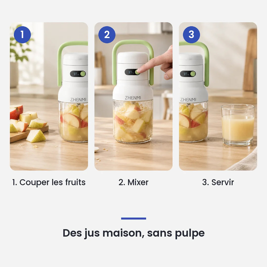 Comment utiliser le mini blender à anse verte en 3 étapes : couper les fruits, mixer, servir