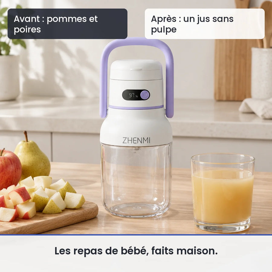 Avant/après avec le mini blender à anse violette : pommes et poires, puis un jus sans pulpe