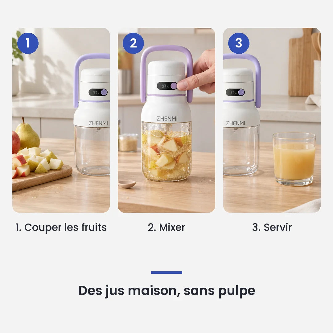 Comment utiliser le mini blender à anse violette en 3 étapes : couper les fruits, mixer, servir
