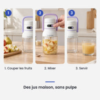 Comment utiliser le mini blender à anse violette en 3 étapes : couper les fruits, mixer, servir