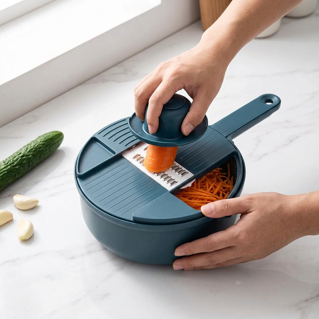 Hachoir à légumes 9 en 1 bleu avec égouttoir, en cours d'utilisation