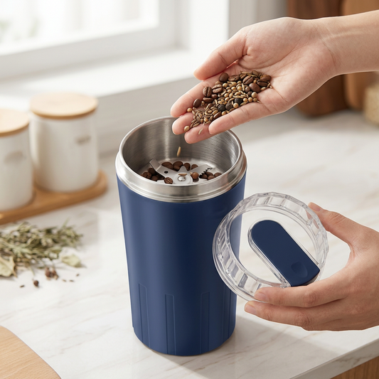 Hachoir à épices et grains électrique 300 W bleu, en cours d'utilisation