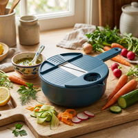 Hachoir à légumes 9 en 1 bleu avec égouttoir, en situation dans la cuisine