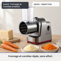 Avant/après avec le hachoir électrique 250W 5 en 1 : fromage et carottes entières, puis râpés frais