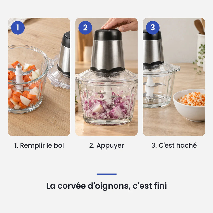 Comment utiliser le hachoir électrique 300W bol verre 2L 4 lames en 3 étapes : remplir le bol, appuyer, c'est haché