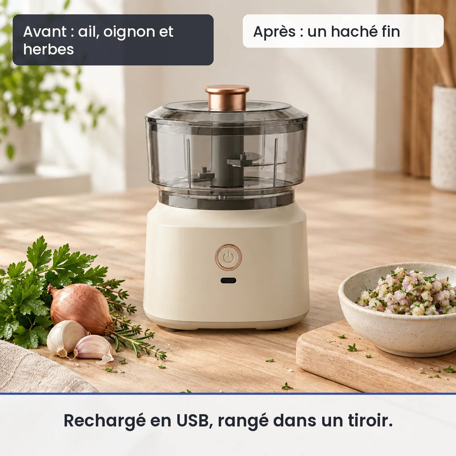Avant/après avec le hachoir électrique 350 ml marron bol plastique USB : ail, oignon et herbes, puis un haché fin