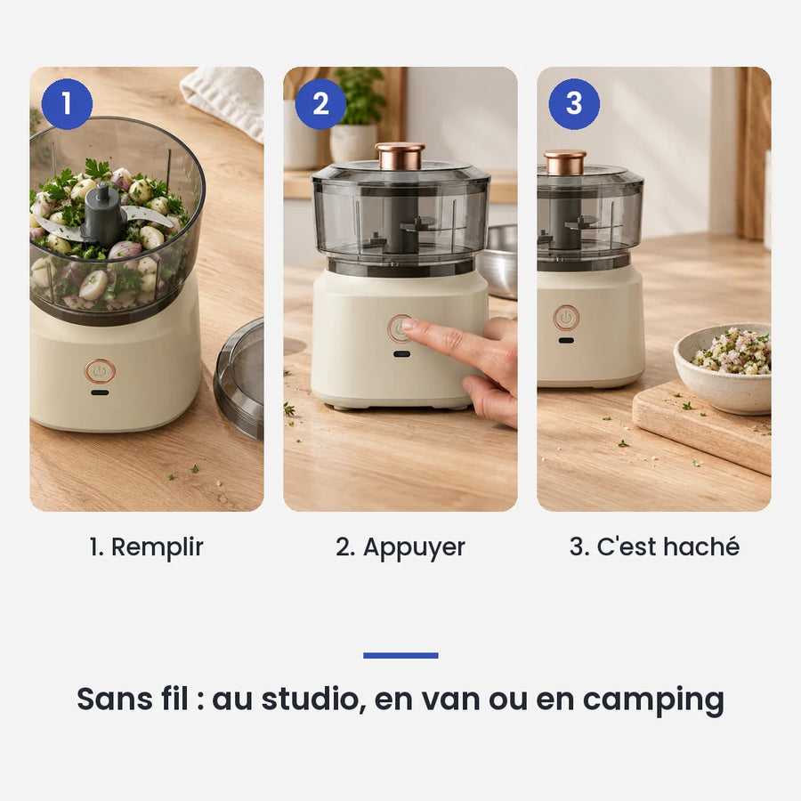 Comment utiliser le hachoir électrique 350 ml marron bol plastique USB en 3 étapes : remplir, appuyer, c'est haché
