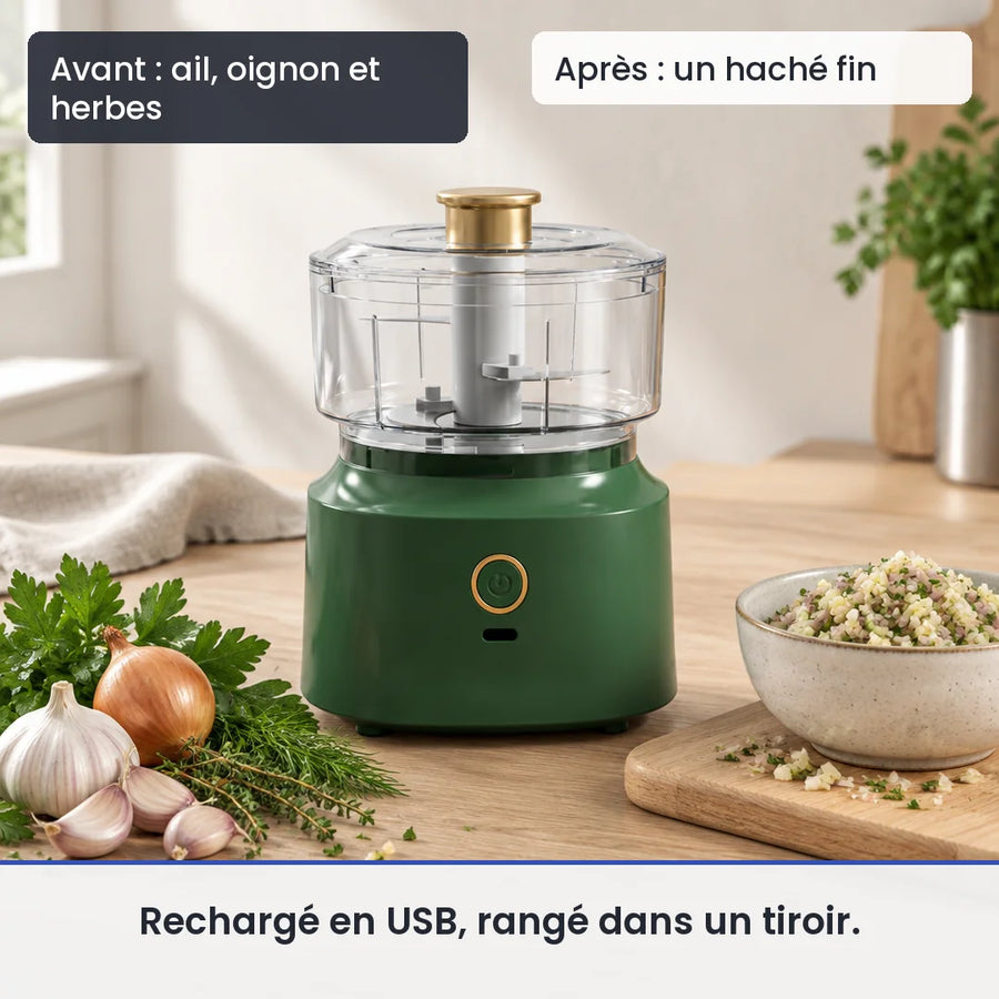 Avant/après avec le hachoir électrique 350 ml vert bol plastique USB : ail, oignon et herbes, puis un haché fin