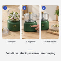 Comment utiliser le hachoir électrique 350 ml vert bol plastique USB en 3 étapes : remplir, appuyer, c'est haché