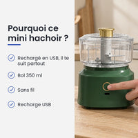 Pourquoi choisir ce mini hachoir : rechargé en USB, il te suit partout, bol 350 ml, sans fil, recharge USB