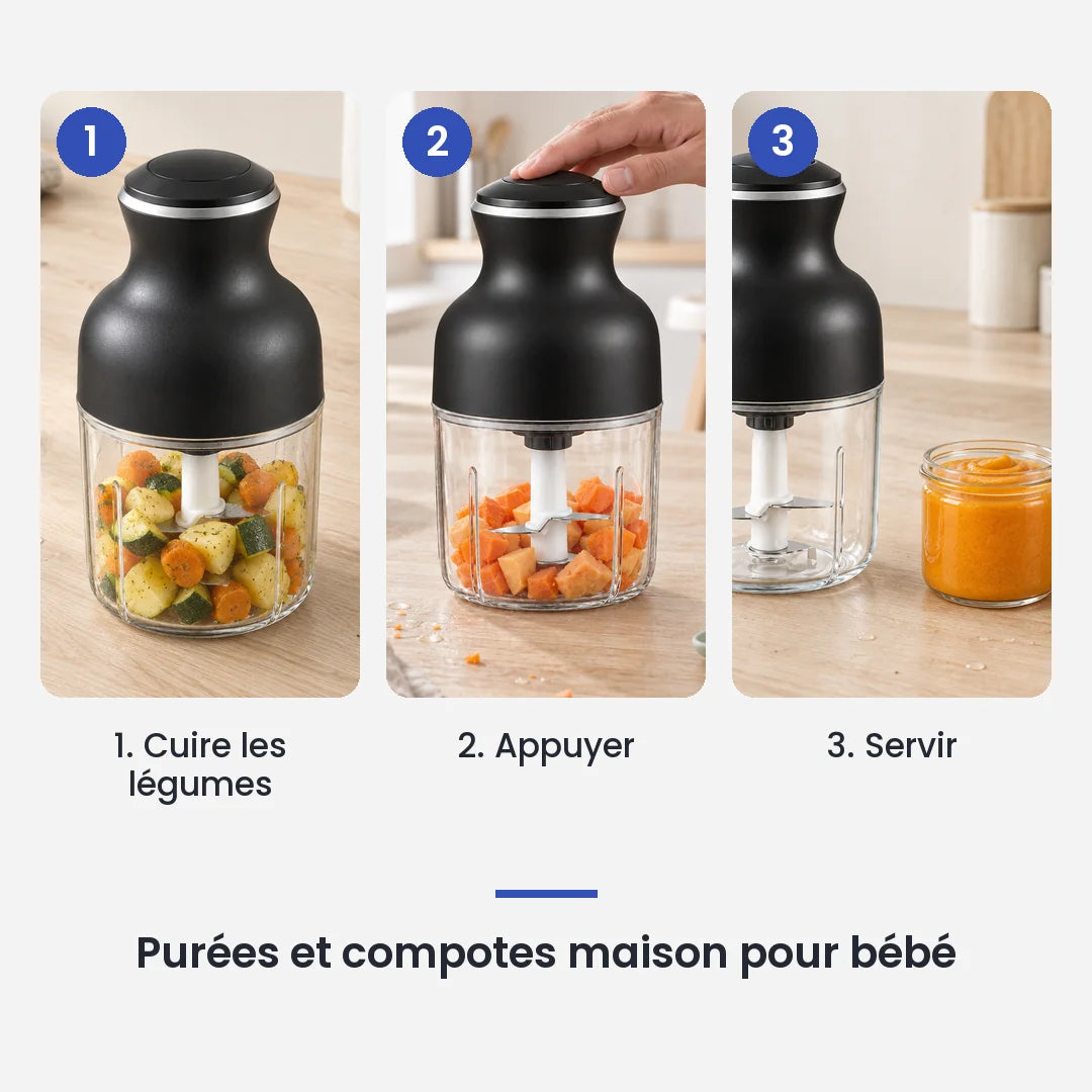 Comment utiliser le hachoir électrique 350 W à bol en verre en 3 étapes : cuire les légumes, appuyer, servir