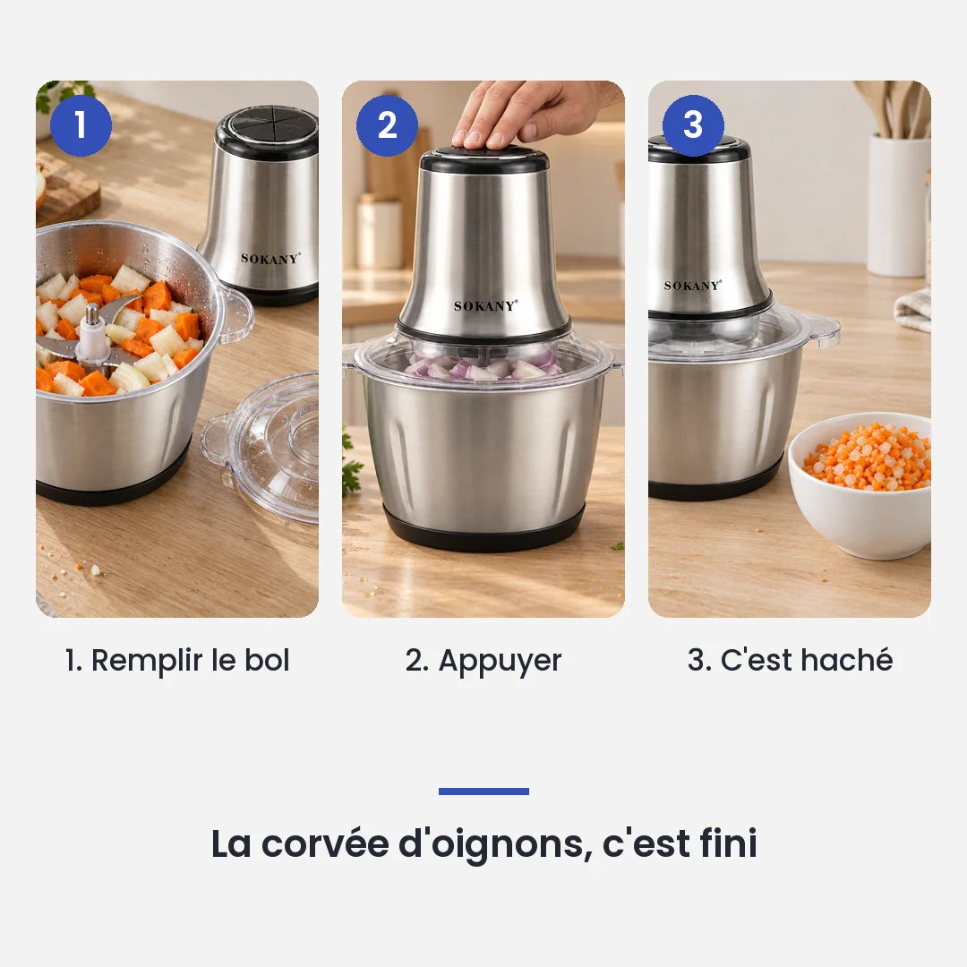 Comment utiliser le hachoir électrique 800W bol inox 3L en 3 étapes : remplir le bol, appuyer, c'est haché