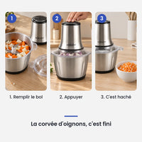 Comment utiliser le hachoir électrique 800W bol inox 3L en 3 étapes : remplir le bol, appuyer, c'est haché