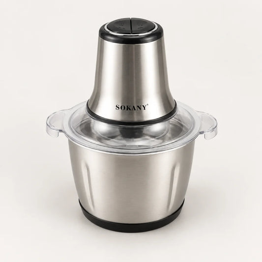 Hachoir électrique SOKANY 800W à bol inox de 3 L, couvercle transparent et socle noir, sur fond blanc cassé