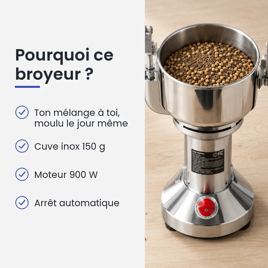 Pourquoi choisir ce broyeur : ton mélange à toi, moulu le jour même, cuve inox 150 g, moteur 900 W, arrêt automatique
