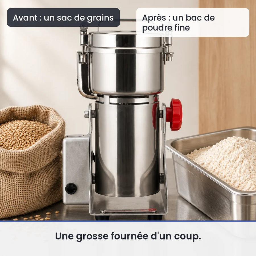 Avant/après avec le hachoir électrique inox 2500g 3600W épices et grains : un sac de grains, puis un bac de poudre fine