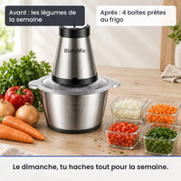 Avant/après avec ce hachoir : les légumes de la semaine, puis 4 boîtes prêtes au frigo