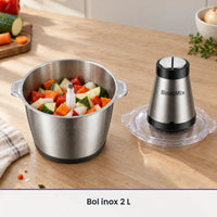 Bol inox de 2 L du hachoir BioloMix 500W rempli de légumes en morceaux, moteur posé sur le couvercle à côté