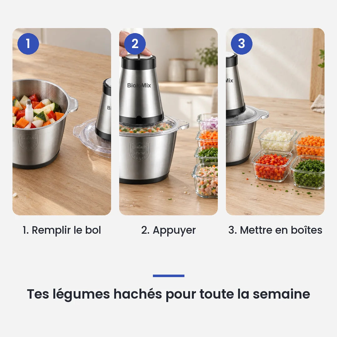 Comment utiliser le hachoir électrique BioloMix 500W bol inox 2L + lame en 3 étapes : remplir le bol, appuyer, mettre en