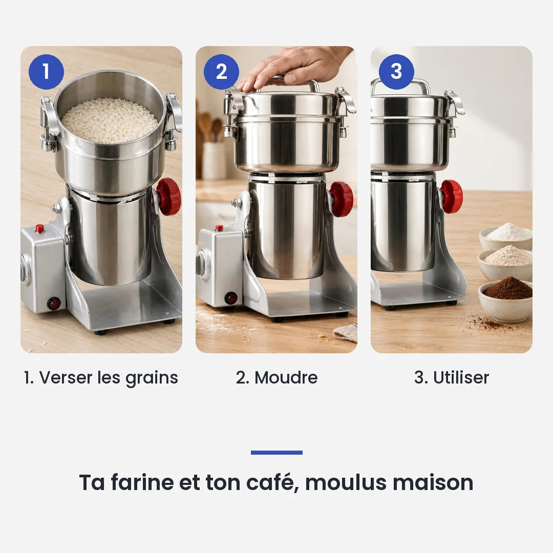 Comment utiliser le hachoir électrique inox 800g 3000W en 3 étapes : verser les grains, moudre, utiliser