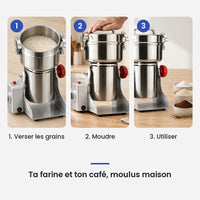 Comment utiliser le hachoir électrique inox 800g 3000W en 3 étapes : verser les grains, moudre, utiliser