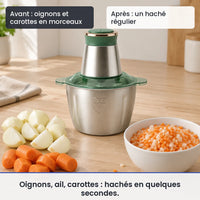 Avant/après avec ce hachoir : oignons et carottes en morceaux, puis un haché régulier