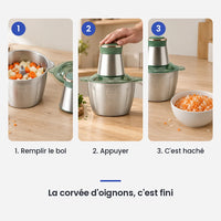 Comment utiliser le hachoir électrique inox 2L multifonction 4 lames en 3 étapes : remplir le bol, appuyer, c'est haché
