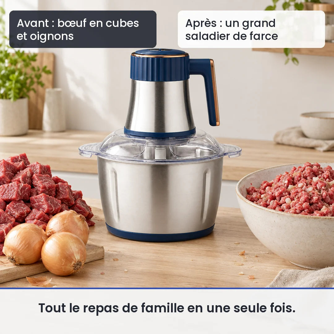 Avant/après avec le hachoir électrique inox 5L 500W : bœuf en cubes et oignons, puis un grand saladier de farce