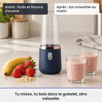 Avant/après avec le hachoir électrique portable 400 ml : fruits et flocons d'avoine, puis ton smoothie du matin