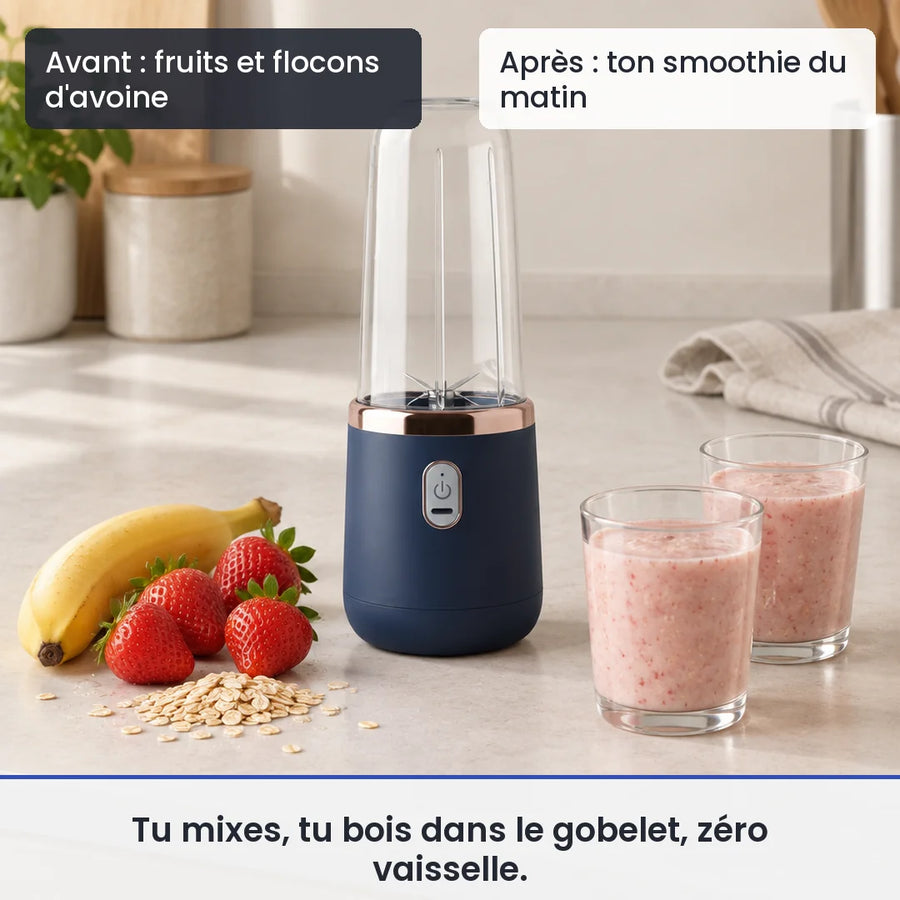 Avant/après avec le hachoir électrique portable 400 ml : fruits et flocons d'avoine, puis ton smoothie du matin