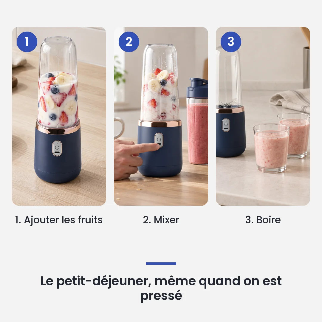 Comment utiliser le hachoir électrique portable 400 ml en 3 étapes : ajouter les fruits, mixer, boire