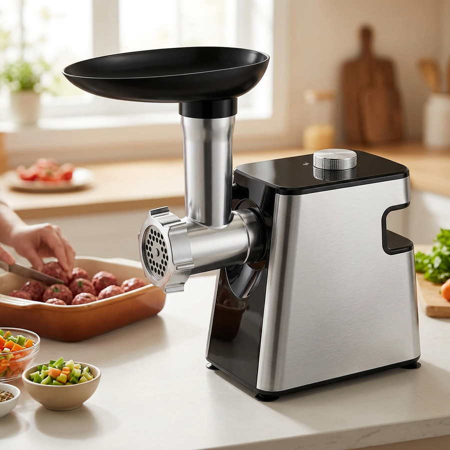 Hachoir à viande électrique 4 en 1 inox, tambours râpe et trancheuse, en situation dans la cuisine