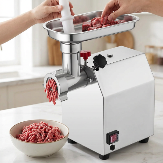 Hachoir à viande électrique inox pro n°8, 12 ou 22, en cours d'utilisation