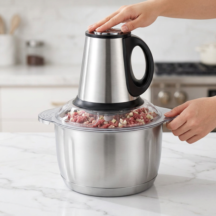 Hachoir électrique inox 5 L 500 W à poignée, 5 lames, en cours d'utilisation
