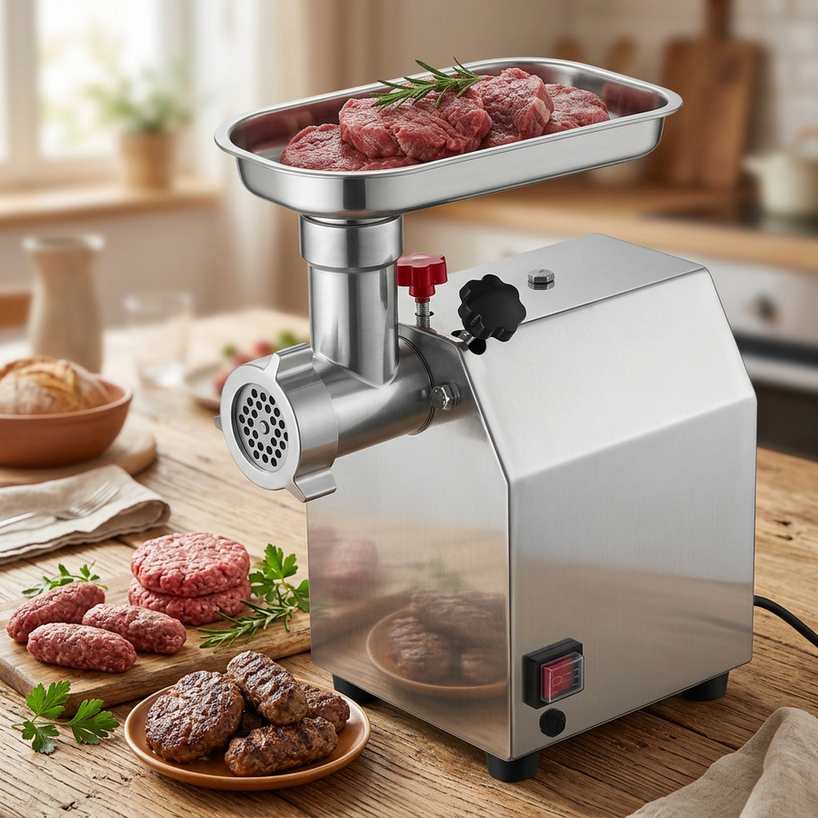 Hachoir à viande électrique inox pro n°8, 12 ou 22, en situation dans la cuisine