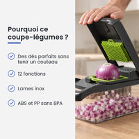 Pourquoi choisir ce coupe-légumes : des dés parfaits sans tenir un couteau, 12 fonctions, lames inox, aBS et PP sans BPA