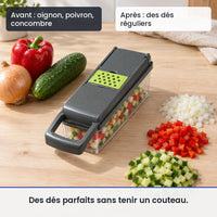 Avant/après avec le hachoir légume multifonction 14 en 1 gris lames inox : oignon, poivron, concombre, puis des dés réguliers