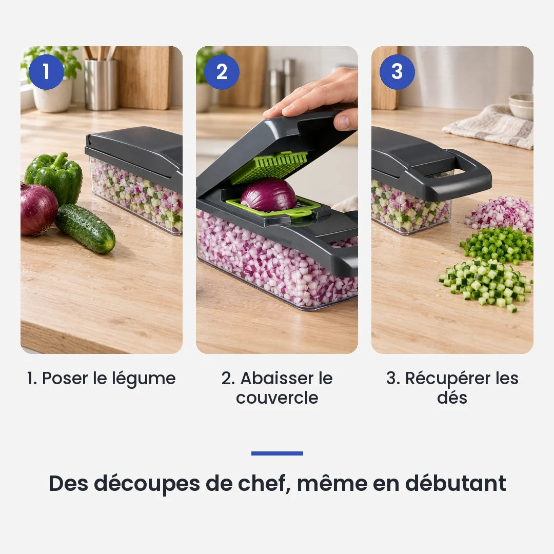 Comment utiliser le hachoir légume multifonction 16 en 1 gris lames inox en 3 étapes : poser le légume, abaisser le