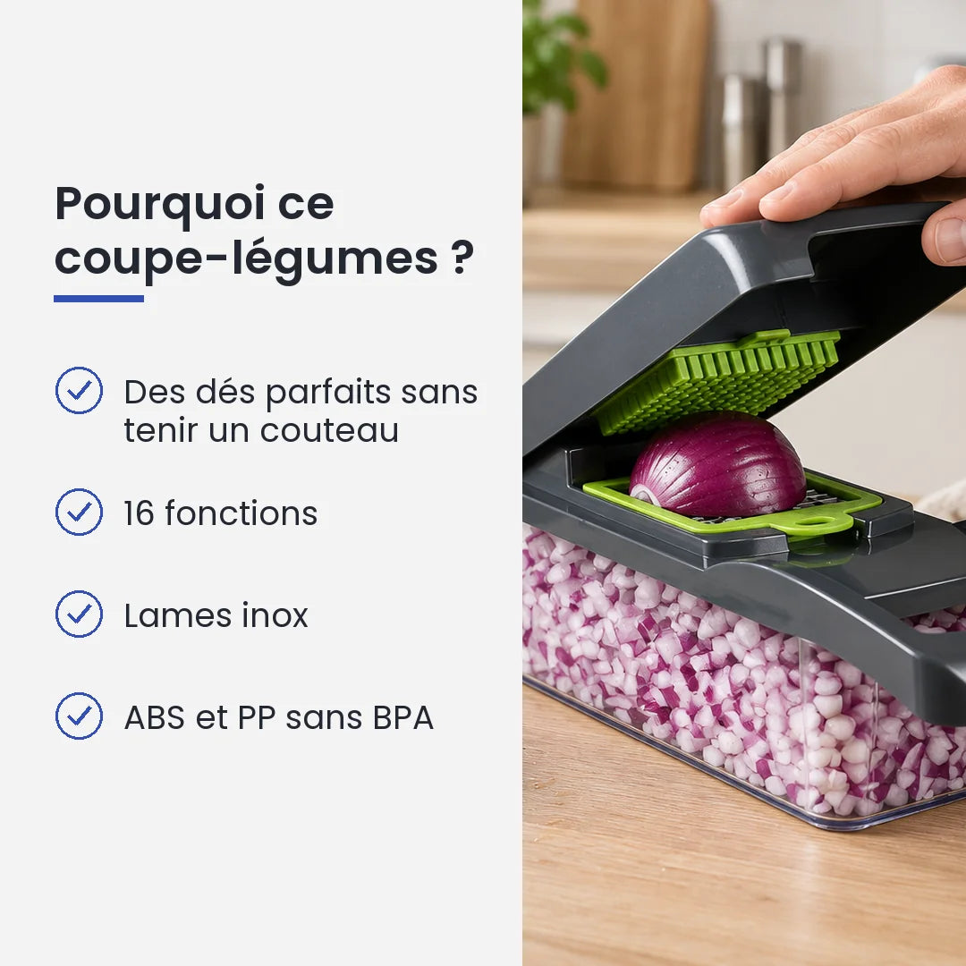 Pourquoi choisir ce coupe-légumes : des dés parfaits sans tenir un couteau, 16 fonctions, lames inox, aBS et PP sans BPA