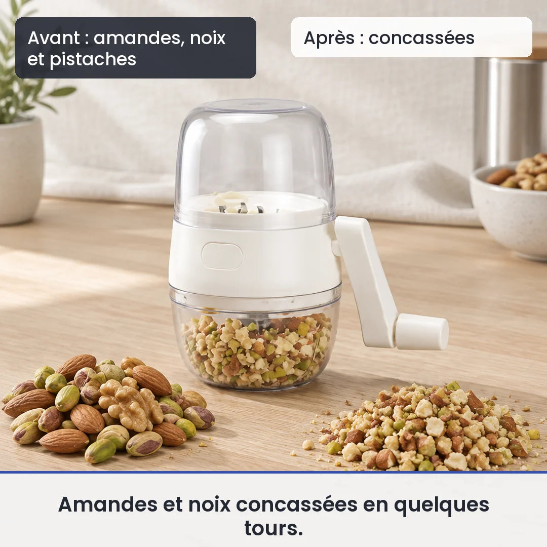 Avant/après avec le hachoir manuel blanc à manivelle : amandes, noix et pistaches, puis concassées